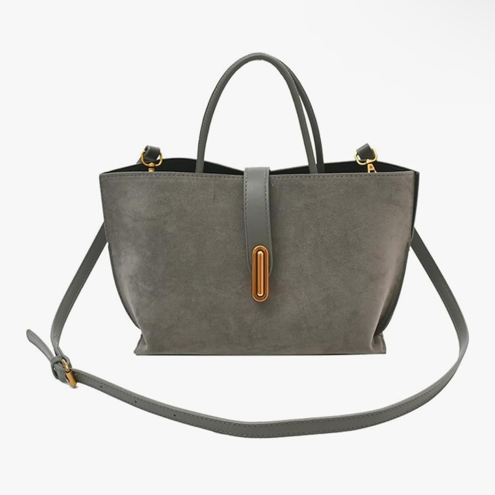 Gray Suede-Style Shoulder Tote Bag with Gold Accent